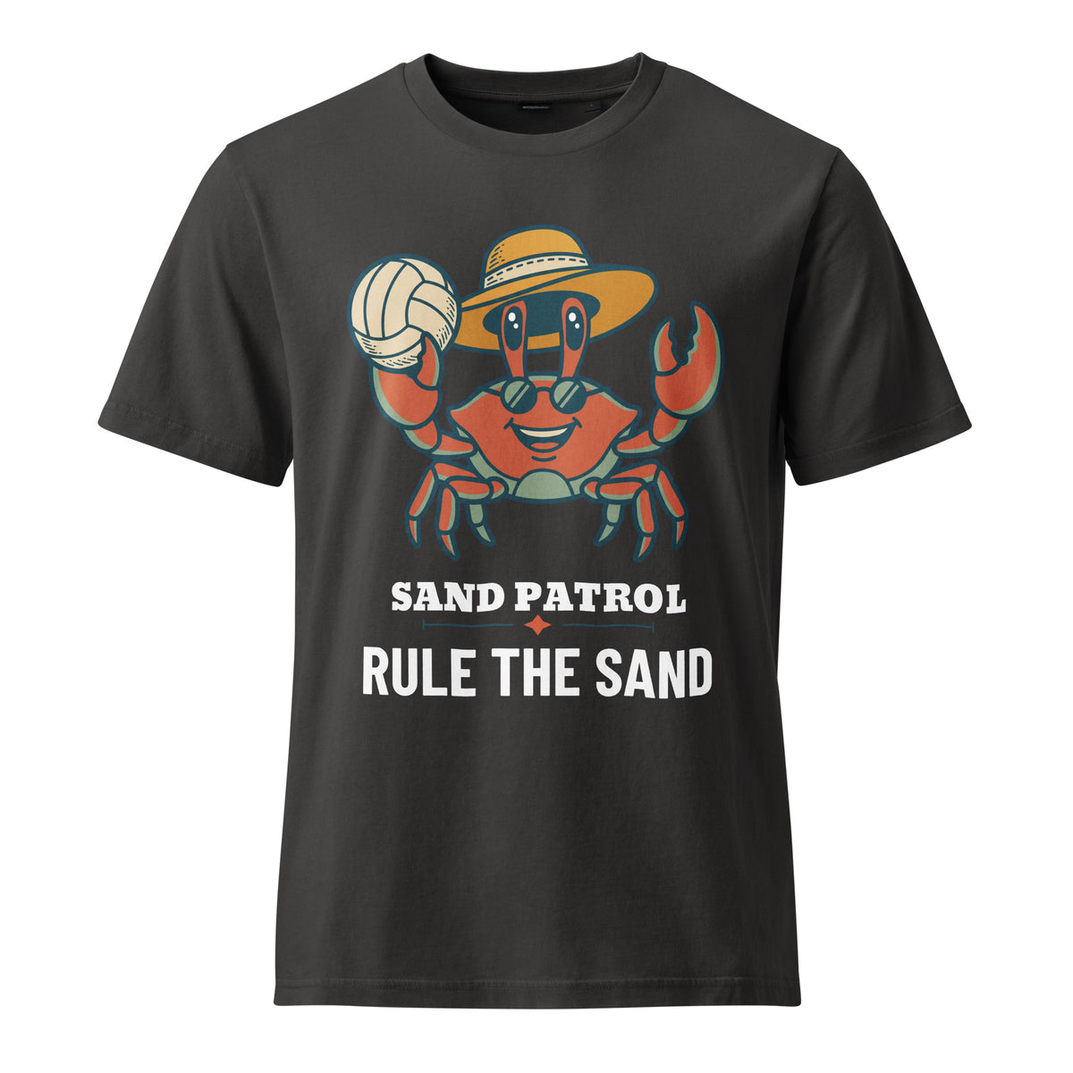 Sand Patrol Tee, ghost crab mascot, front view